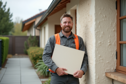 Homme souriant avec isolation devant maison rénovée