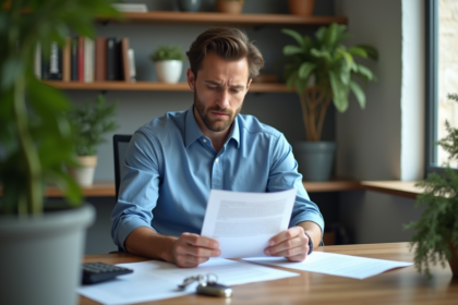 Homme d'affaires lisant des documents de pret dans un bureau moderne