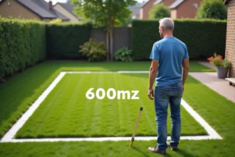 Homme mesurant un jardin de 600m2 avec roue de mesure