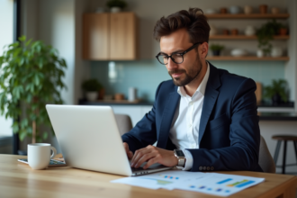 Homme en costume analysant des graphiques financiers à la maison