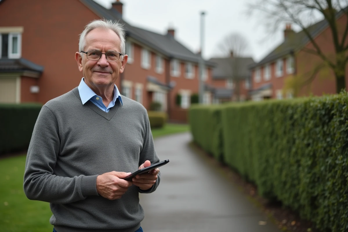 Homme senior avec tablette devant sa maison de banlieue