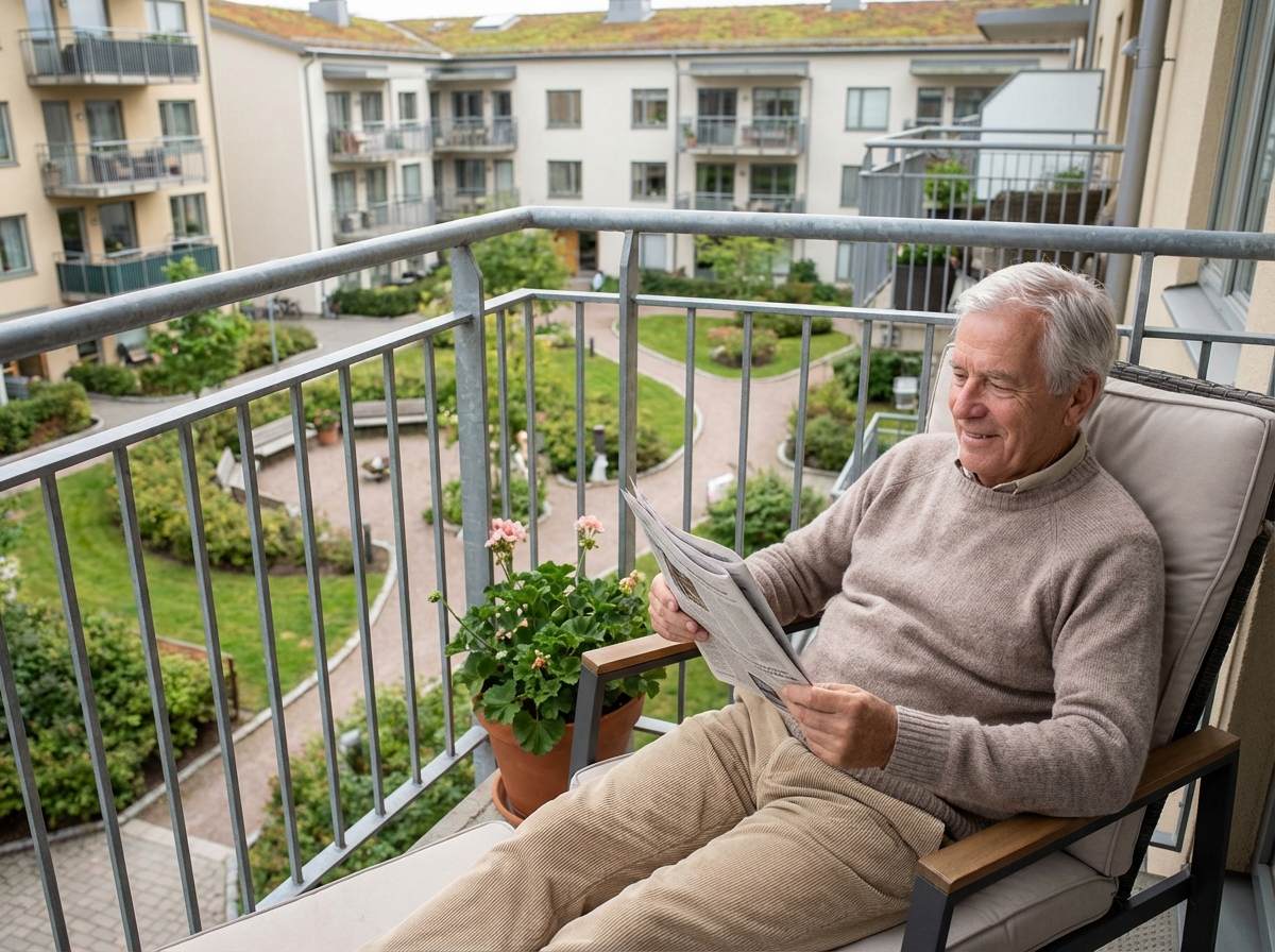 Homme senior lisant un journal sur un balcon avec vue sur le jardin