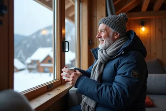 Homme souriant regardant la montagne enneigee avec tasse