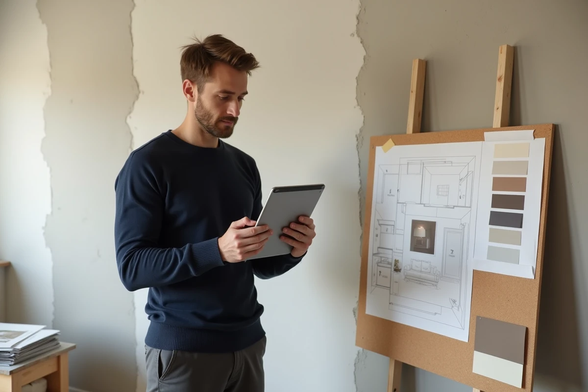 Homme consultant une application de design d'intérieur sur tablette devant un mur en cours de rénovation avec des échantillons de peinture