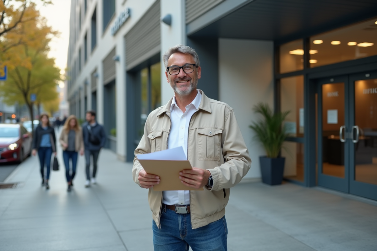 Homme devant un bâtiment administratif urbain avec documents