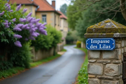 Panneau de rue 'Impasse des Lilas' sur un mur en pierre dans le village d'Aix-Villemaur-Pâlis