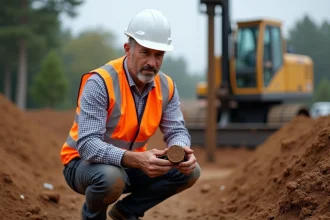 Ingénieur géotechnicien examinant une carotte de sol sur un chantier résidentiel lors d'une étude de sol