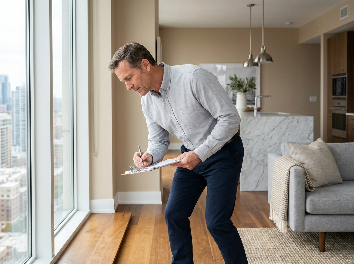 Gestionnaire de biens effectuant une inspection dans un appartement de luxe, vérifiant la qualité des finitions pour le compte de propriétaires