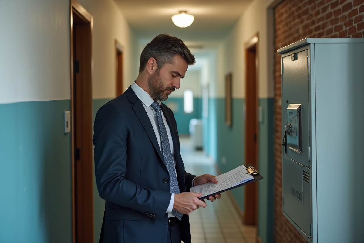 Homme en costume contrôlant un compteur électrique dans un couloir