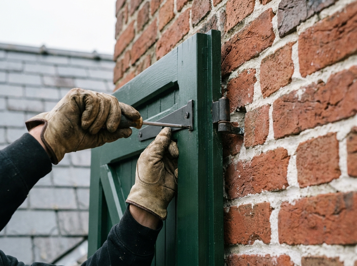 Pose de volets en bois sur une maison en briques à Dunkerque par un menuisier