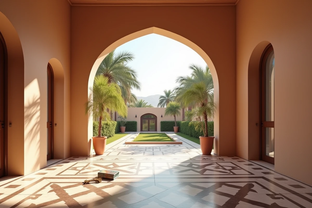 Intérieur rénové d'un appartement dans la Palmeraie de Marrakech avec murs en tadelakt, zellige au sol et vue sur les palmiers