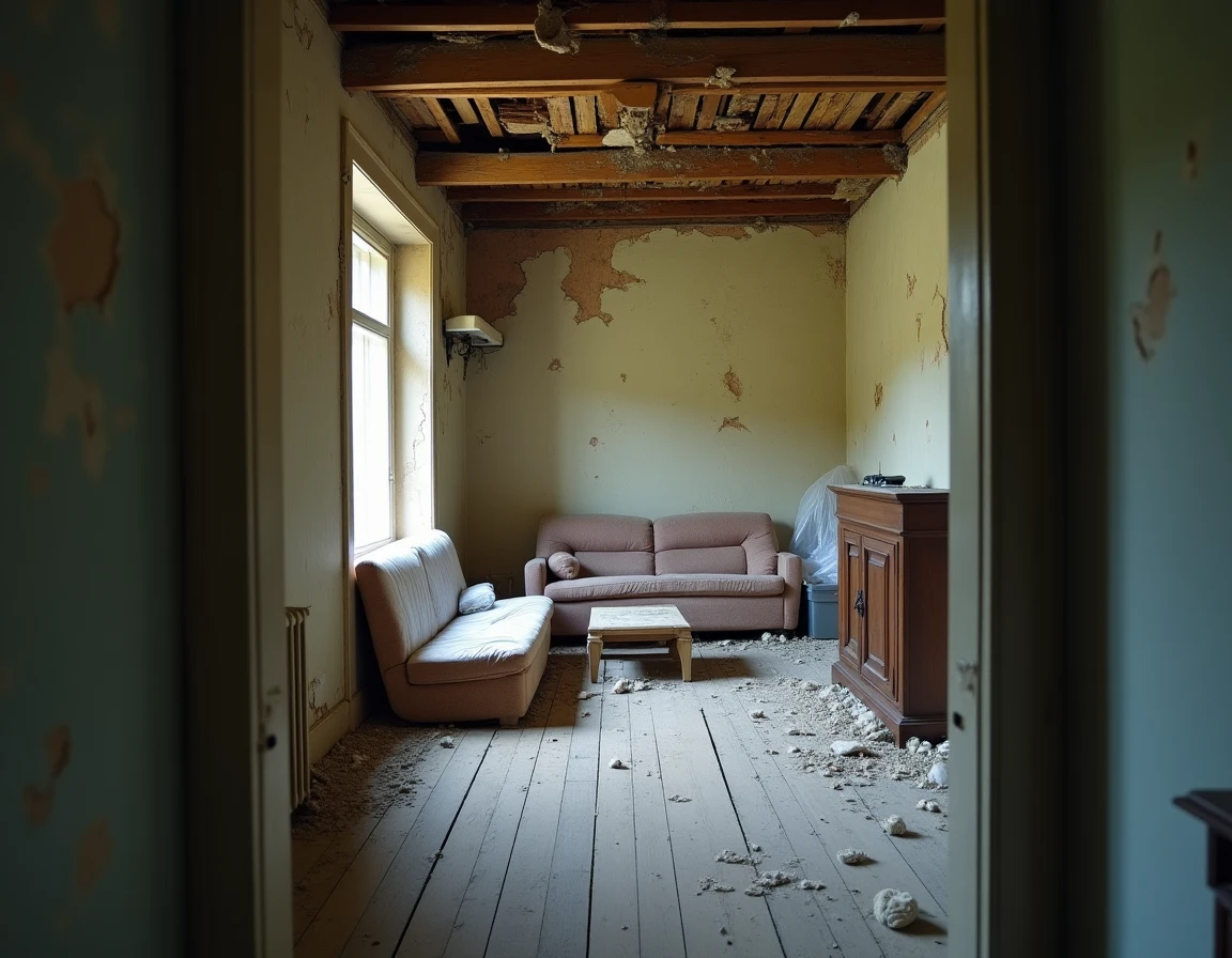 Intérieur délabré d'une maison abandonnée francilienne avec parquet gondolé et papier peint décollé