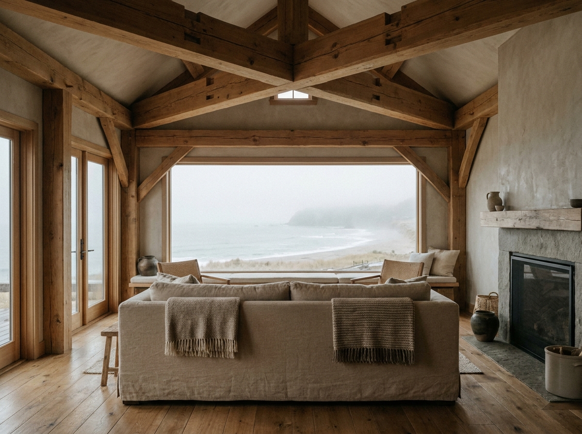 Intérieur d'une maison ossature bois en bord de mer avec poutres apparentes, sol en chêne et grande baie vitrée face à l'océan