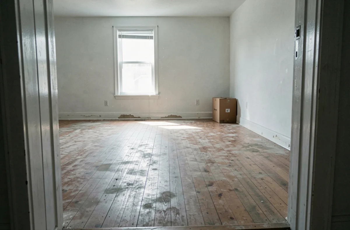 Intérieur d'une maison vide avec sols en bois et murs nus, pièce inoccupée représentant le risque locatif et la nécessité d'une assurance habitation