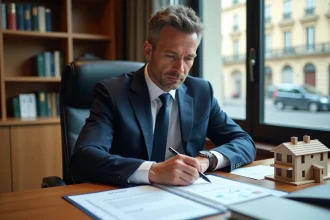 Investisseur immobilier examinant des documents liés à la loi Lagleize 2026 dans un bureau notarial parisien