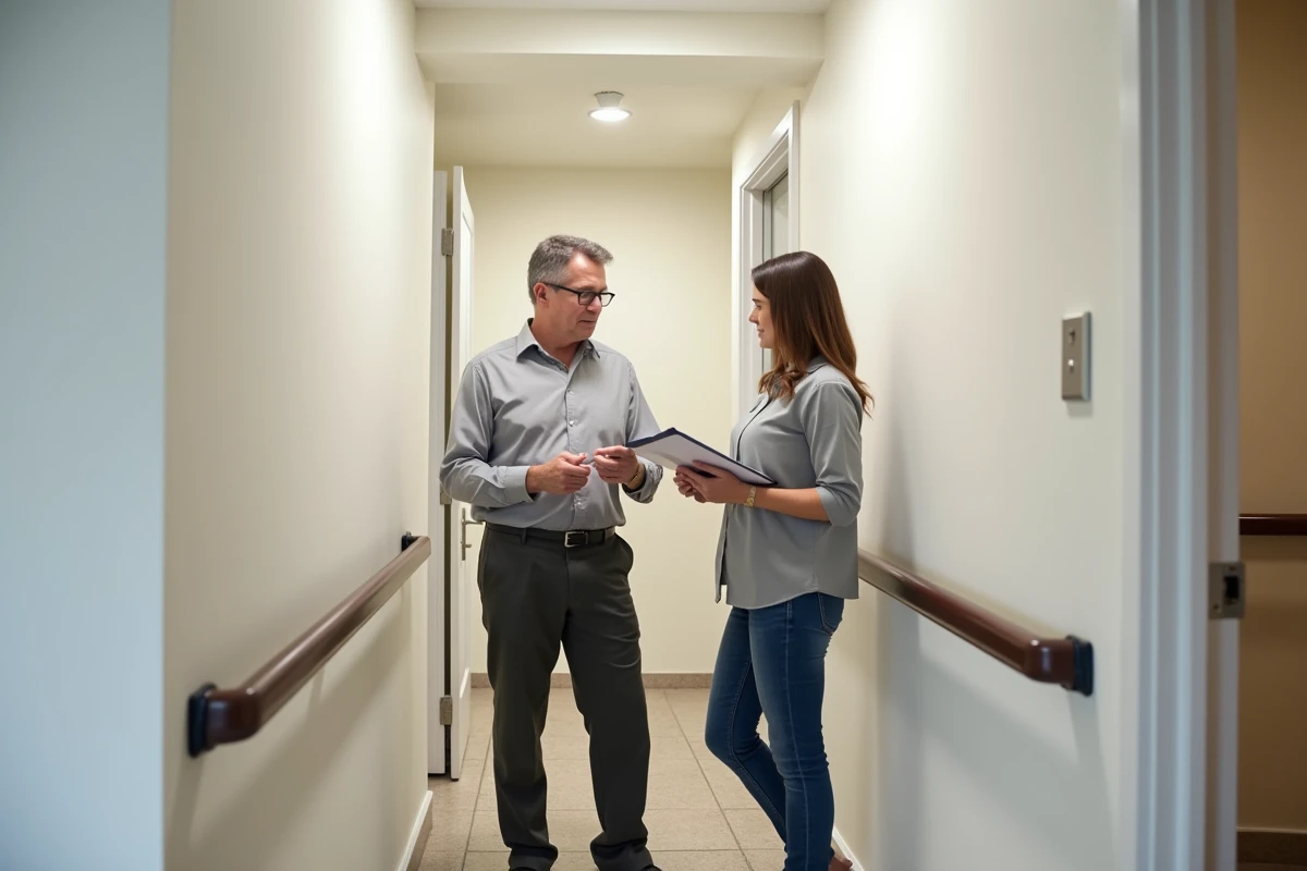 Investisseur immobilier et gestionnaire inspectant un appartement accessible aux personnes handicapées