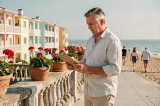 Investisseur immobilier analysant des documents face à des appartements en bord de mer pour un investissement locatif côtier