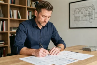 Un homme d'âge mûr analysant des documents financiers liés à un investissement immobilier SCPI dans un bureau parisien moderne