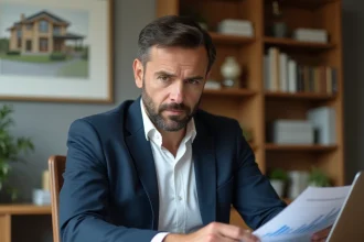 Investisseur immobilier analysant des données Pappers immo sur son ordinateur portable à son bureau