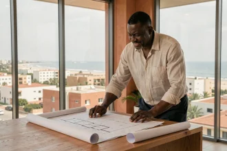 Investisseur immobilier sénégalais examinant les plans d'un appartement à vendre à Dakar avec vue sur la skyline de la ville