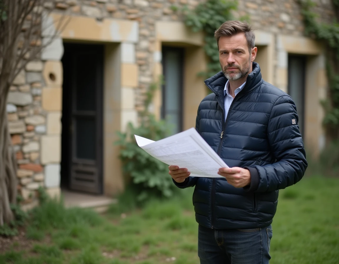 Investisseur immobilier inspectant une maison abandonnée en Île-de-France avec des plans de rénovation