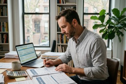 Investisseur immobilier analysant des documents liés au statut LMNP à son bureau à domicile