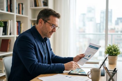 Investisseur analysant des documents SCPI et un portefeuille immobilier fractionné sur tablette dans un bureau moderne