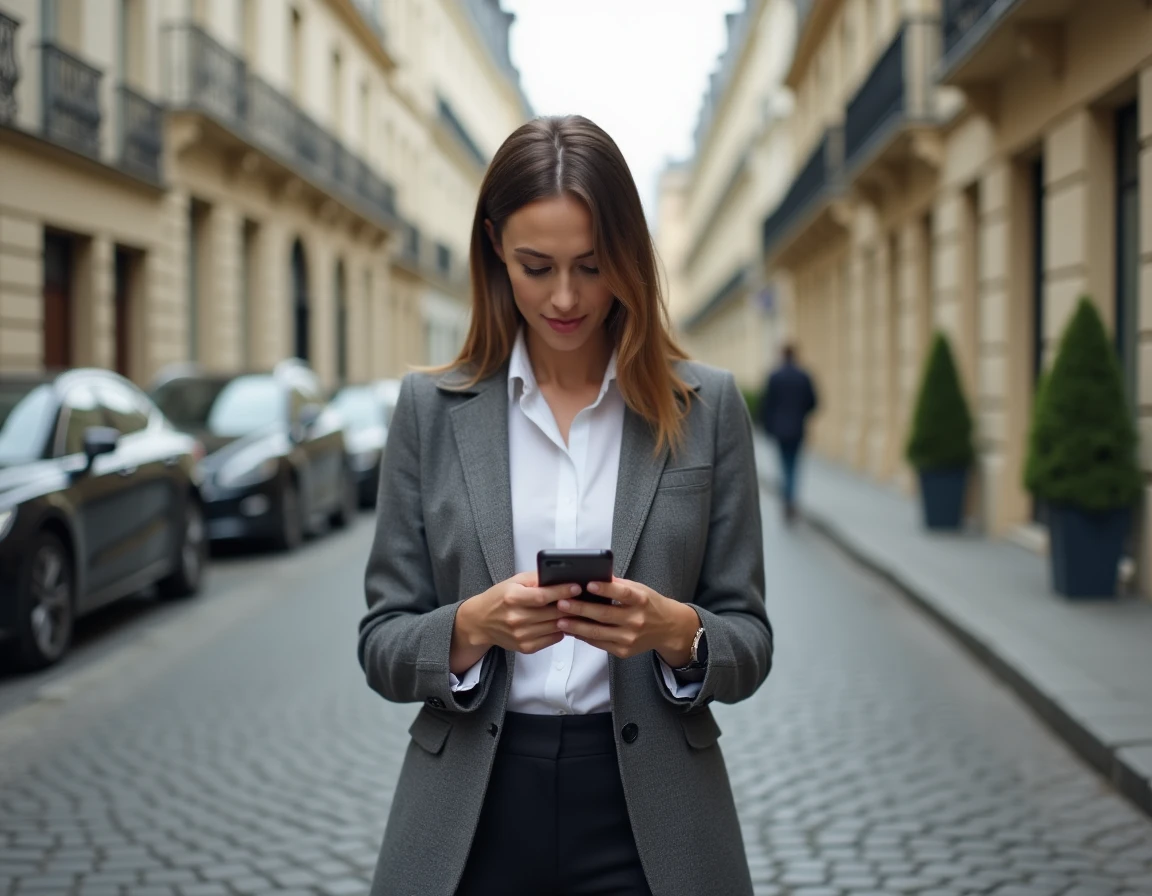 Investisseuse locative consultant une application immobilière devant un immeuble parisien haussmannien