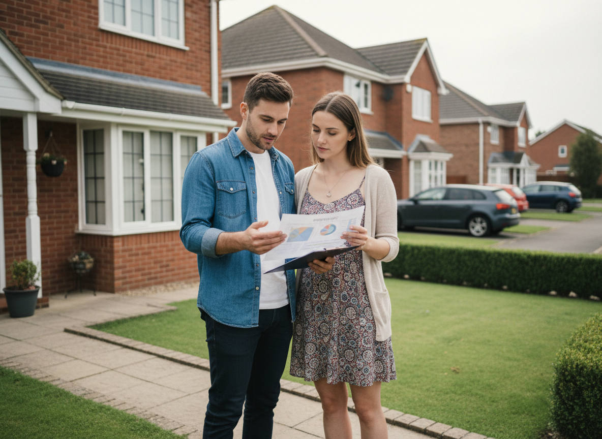 Jeune couple discute devant une maison de banlieue