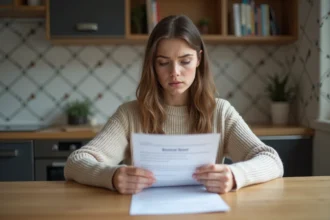 Jeune femme examinant un contrat de location dans un appartement moderne