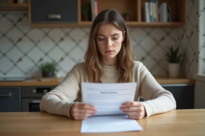 Jeune femme examinant un contrat de location dans un appartement moderne