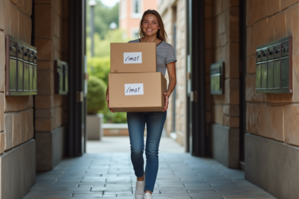 Jeune femme souriante portant des cartons dans un hall d'immeuble