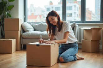 Jeune femme souriante étiquetant une boîte de déménagement