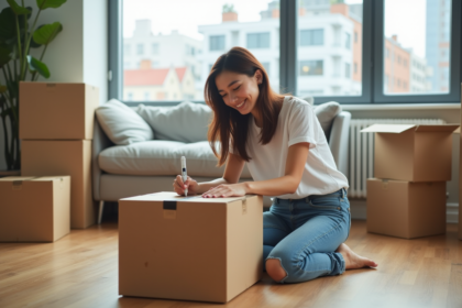 Jeune femme souriante étiquetant une boîte de déménagement