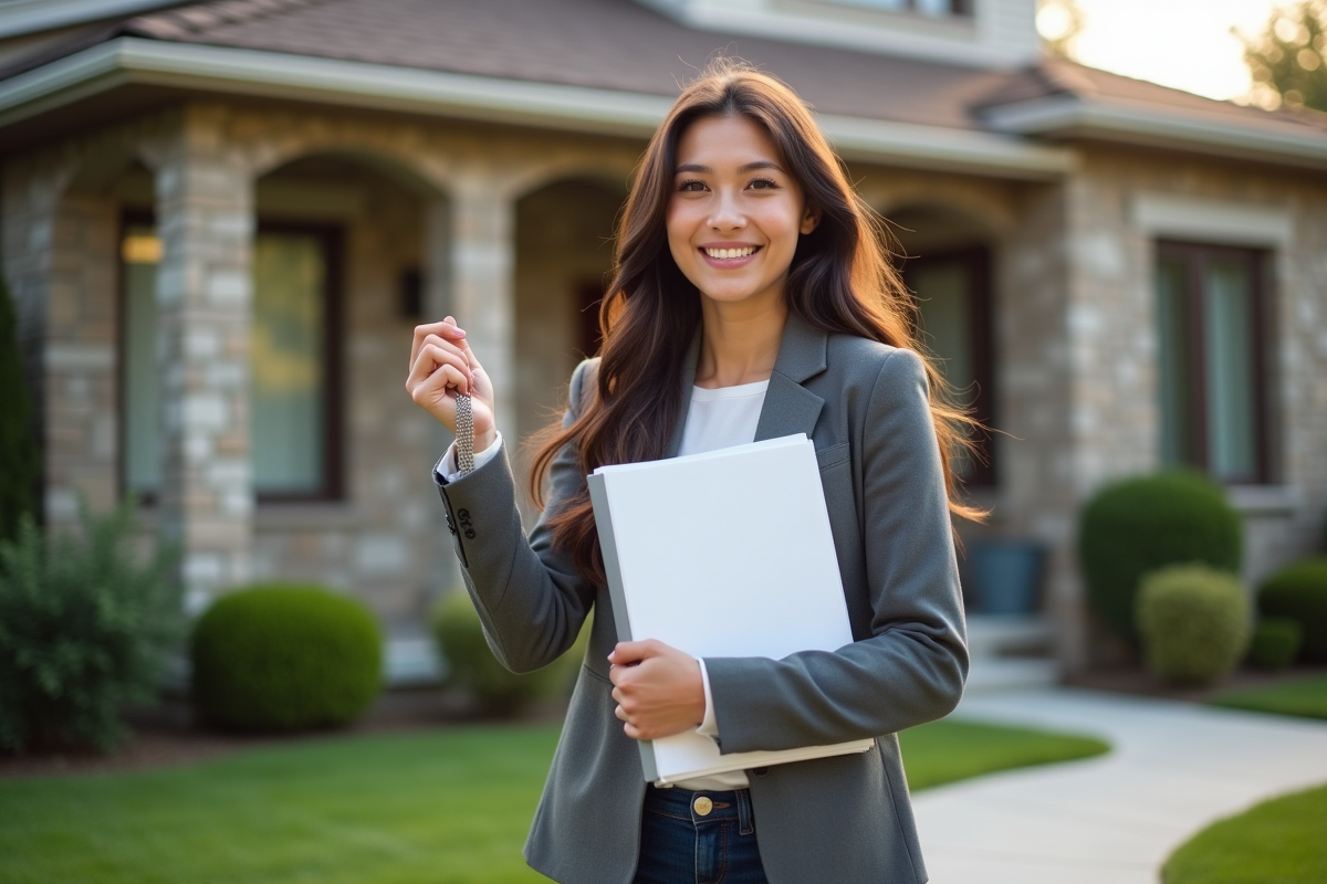 Jeune femme souriante avec clé devant maison vendue