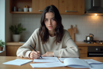 Jeune femme remplissant des papiers administratifs dans une cuisine moderne