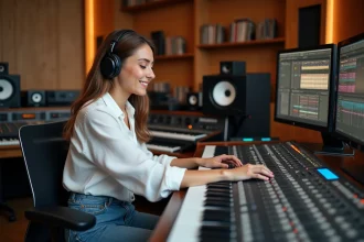 Jeune femme en studio musique en train d'ajuster des contrôles
