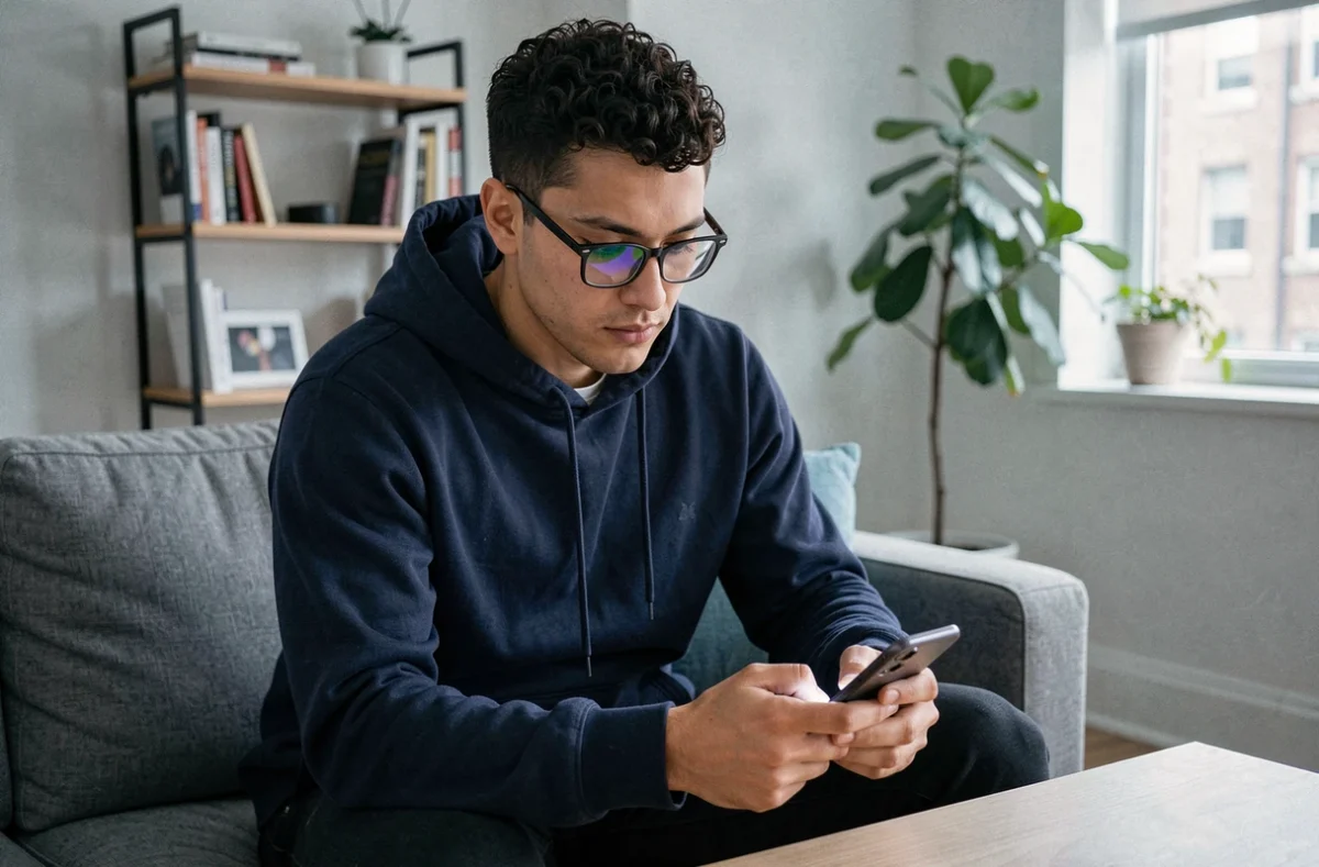 Jeune homme comparant des offres d'assurance habitation sur son smartphone dans un studio