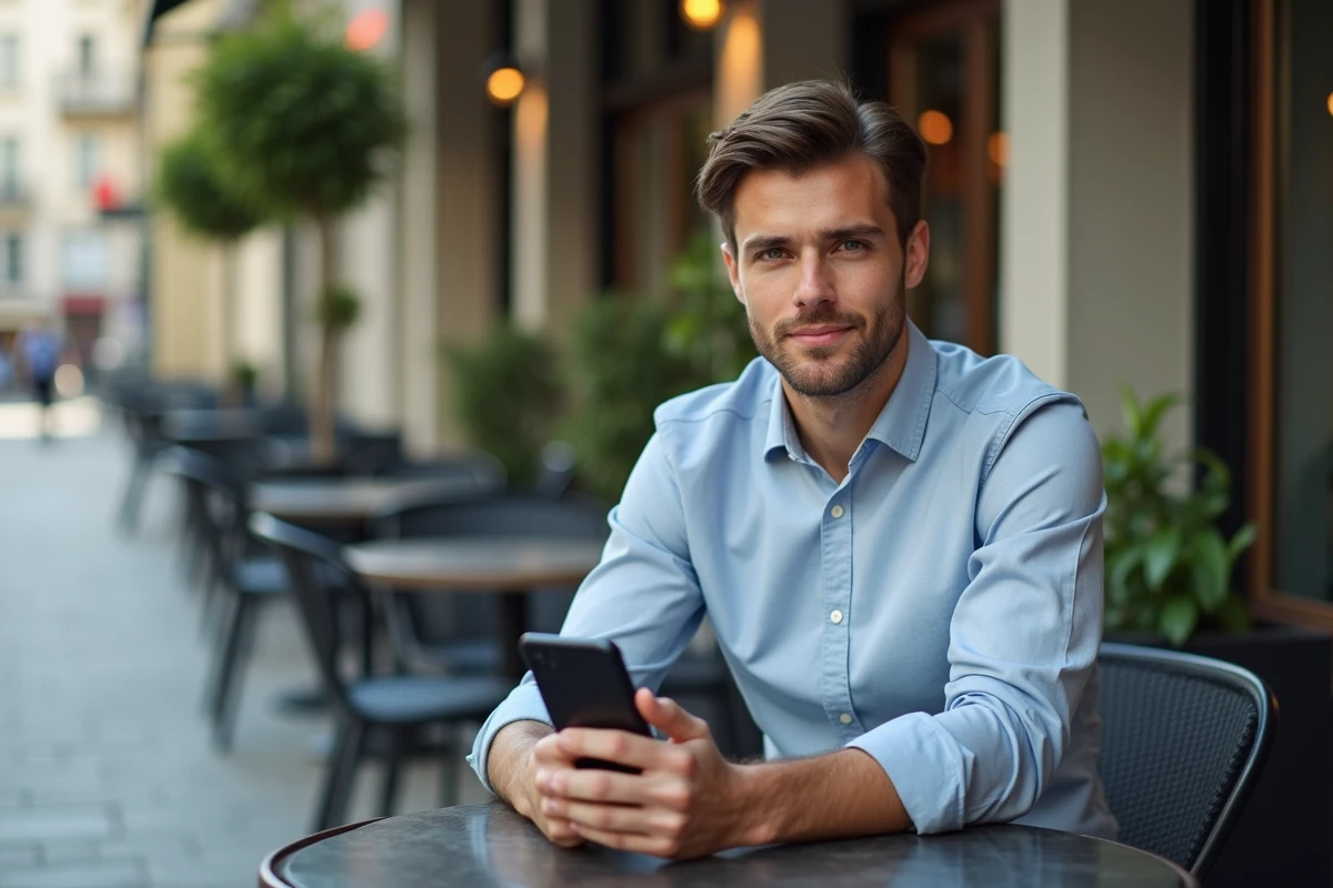 Jeune homme au café utilisant son smartphone avec concentration