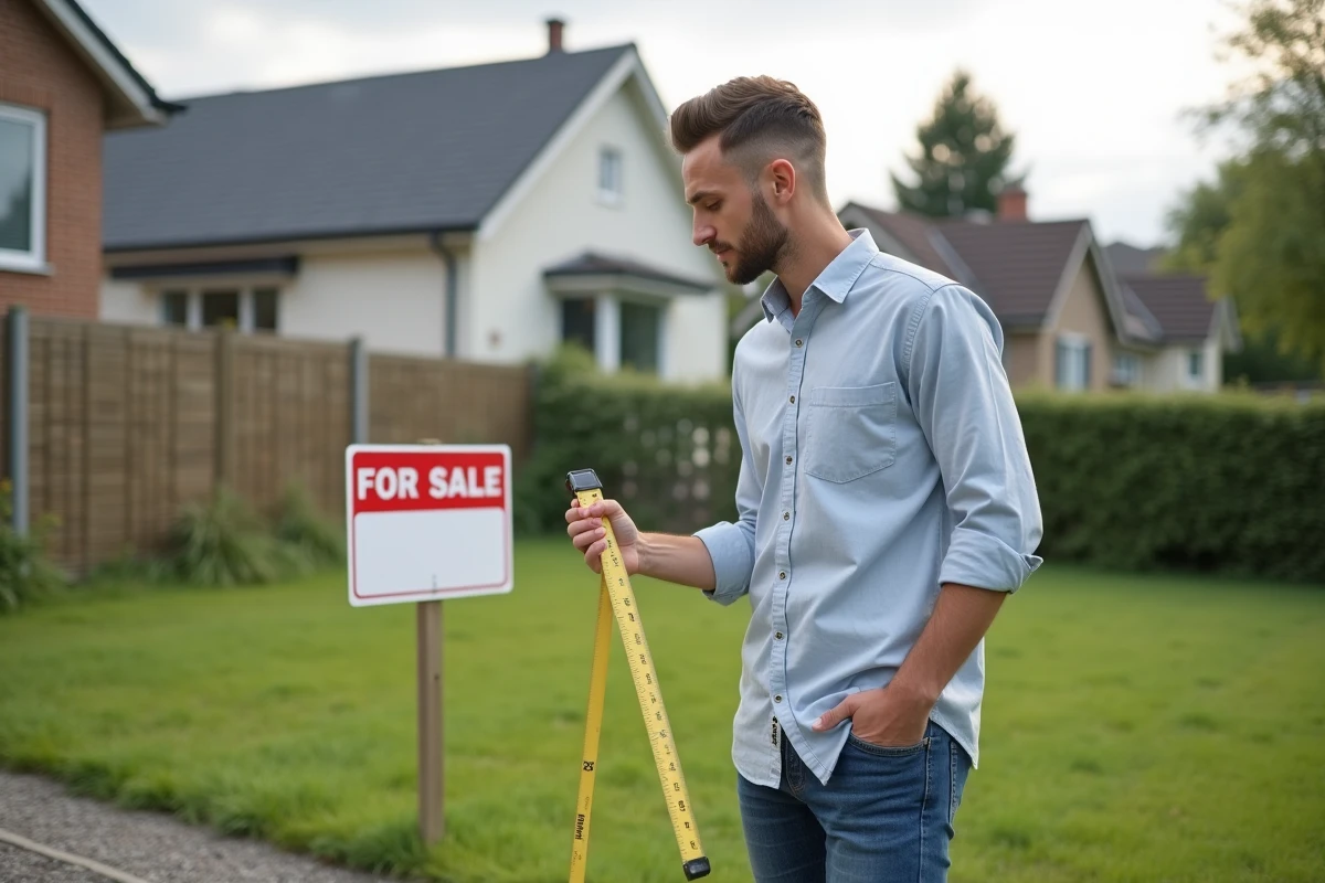 Jeune homme avec mètre mesure un terrain à vendre en extérieur