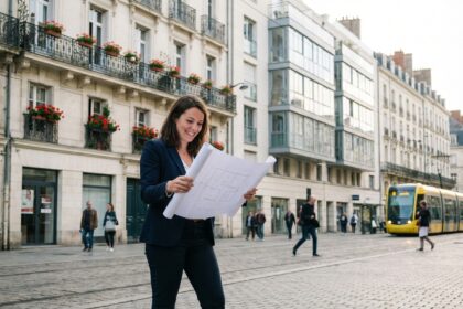 Jeune femme en blazer étudie plans architecturaux dans Nantes