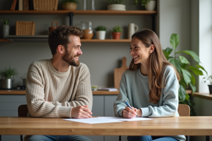 Deux jeunes adultes discutent d'un contrat de colocation à la cuisine