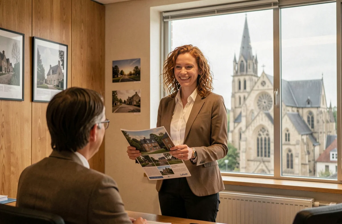 Agente de Laforêt Bayeux avec la cathédrale de Bayeux visible en arrière-plan