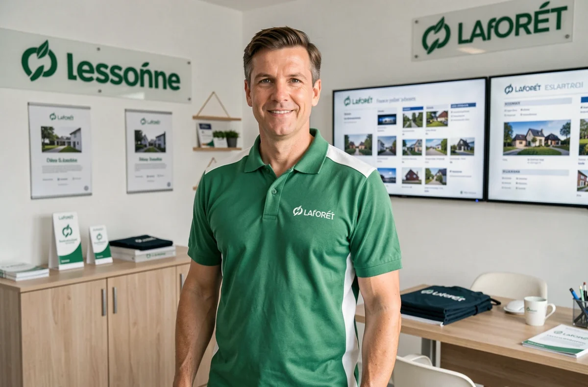 Agent de l'agence Laforêt Essonne dans un bureau moderne avec la signalétique de la franchise immobilière