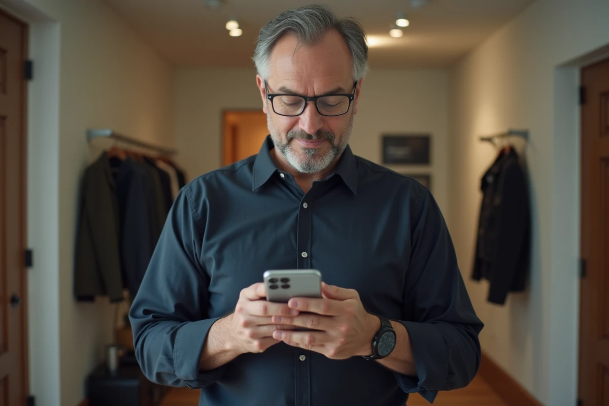 Locataire masculin consultant son espace personnel Levallois Habitat sur smartphone dans un couloir d'appartement