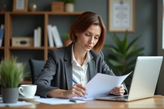 Femme propriétaire à son bureau avec documents et ordinateur