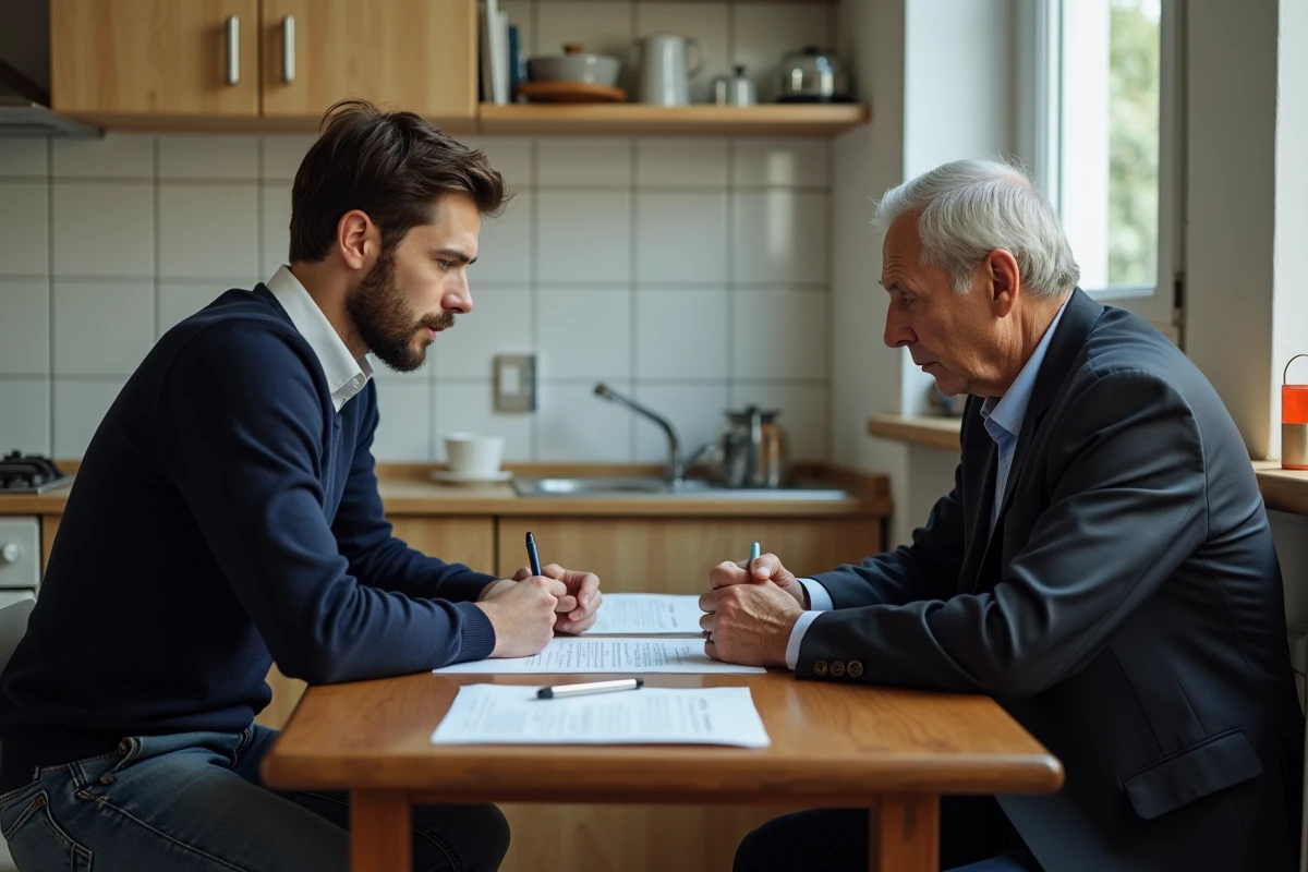 Jeune homme et senior examinent un formulaire de location