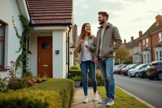 Couple de locataires devant une maison avec jardin à louer à 600 euros, tenant les clés à l'entrée de la propriété