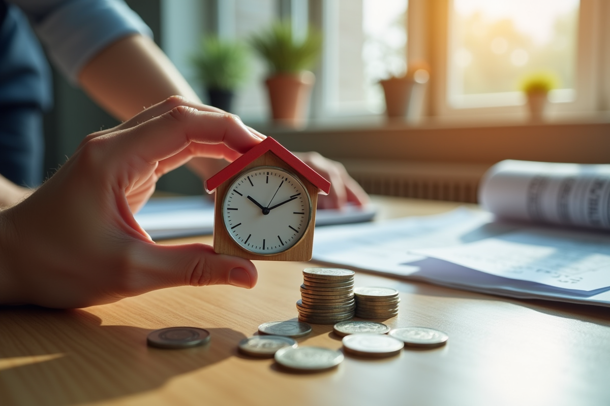 Main tenant une maquette de maison avec une horloge et des pièces d euro sur un bureau
