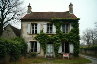 Maison abandonnée à vendre en Île-de-France avec panneau 'À Vendre' partiellement caché par la végétation